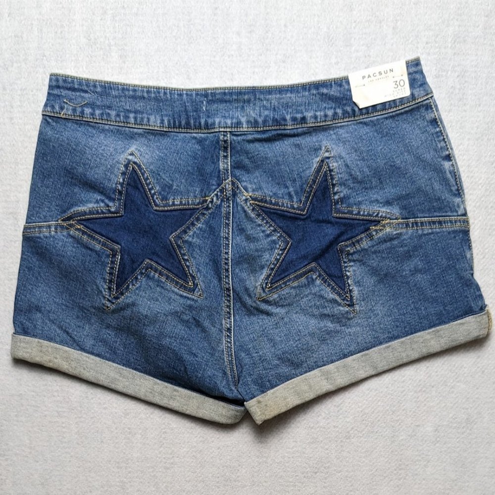 Pacsun Blue Denim Womens Super High Rise Festival Stars Cuff Jean Short Size 30